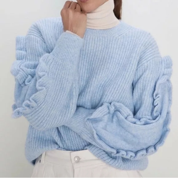 Zara blue ribbed knit balloon ruffle sleeves sweater size S - Picture 2 of 8